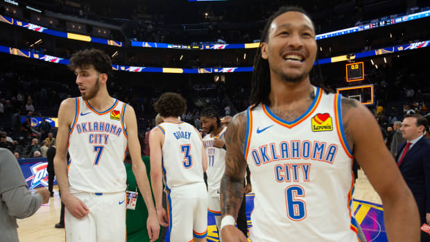 Nov 16, 2023; San Francisco, California, USA; Oklahoma City Thunder players leave the court after defeating the Golden State Warriors 128-109 at Chase Center.